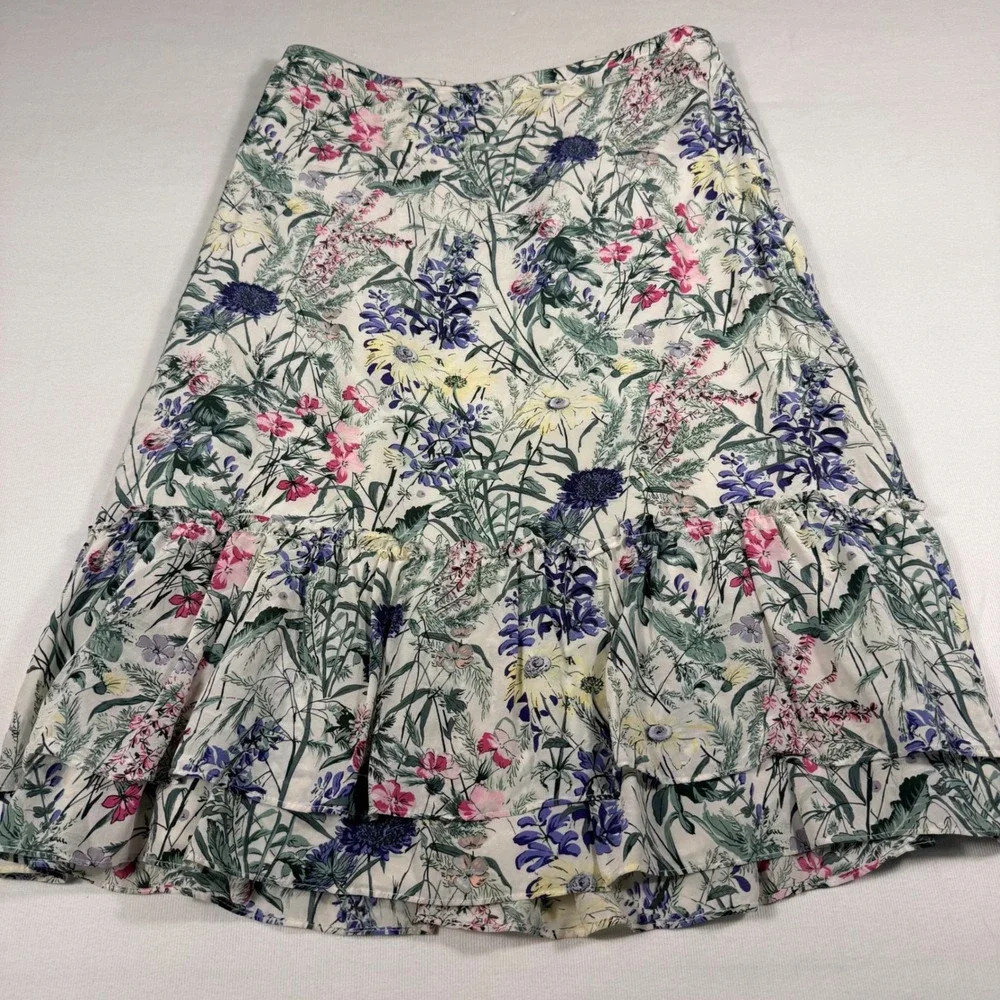Ann‎ Taylor Loft Skirt 6 White Floral 100% Silk Tiered Ruffle Botanical